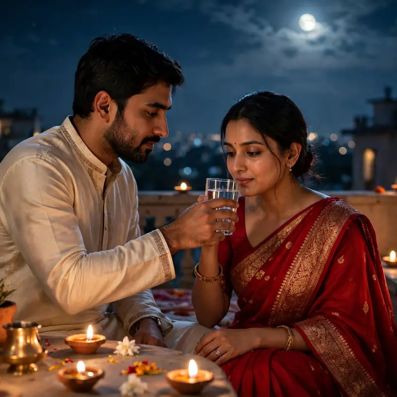 Create an ultra-realistic cinematic photograph of a tender moment on a moonlit terrace, a young husband in a cream kurta gently holding a steel glass