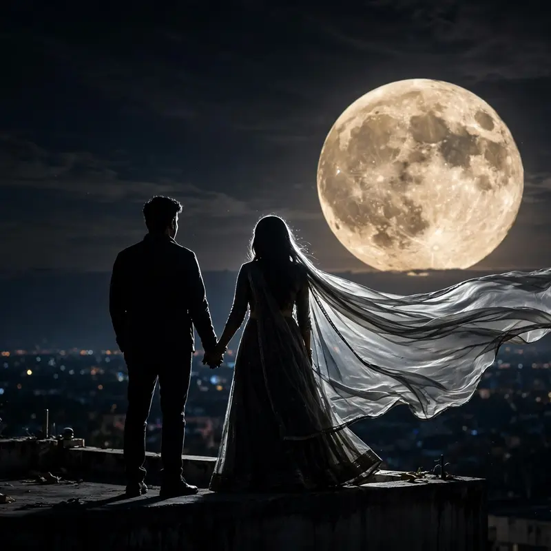 Create an ultra-realistic cinematic photograph of the dark silhouette of a married couple holding hands at the edge of a rooftop terrace, seen from be