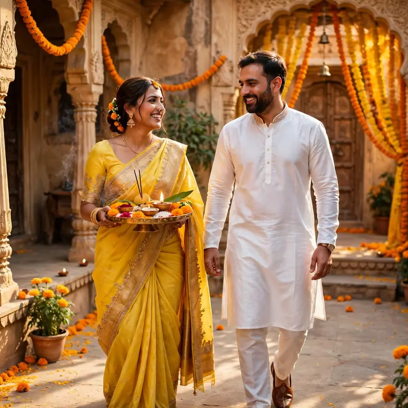 Create an ultra-realistic cinematic photograph of a happy young married couple walking hand in hand through a courtyard decorated with hanging marigol