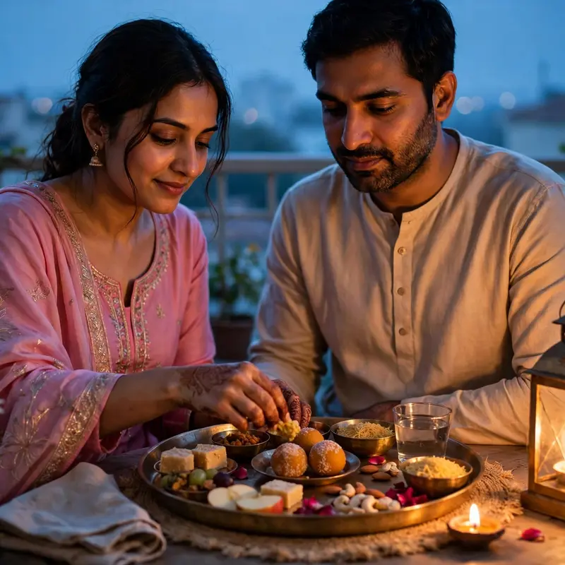 Create an ultra-realistic cinematic photograph of a young married couple sitting close together at a small dining table in the pre-dawn blue hour, sha