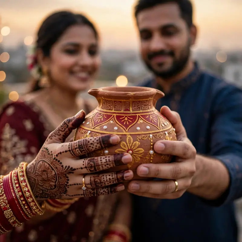 Create an ultra-realistic cinematic photograph of a close-up portrait of a young married couple's hands together holding a small decorated clay karva