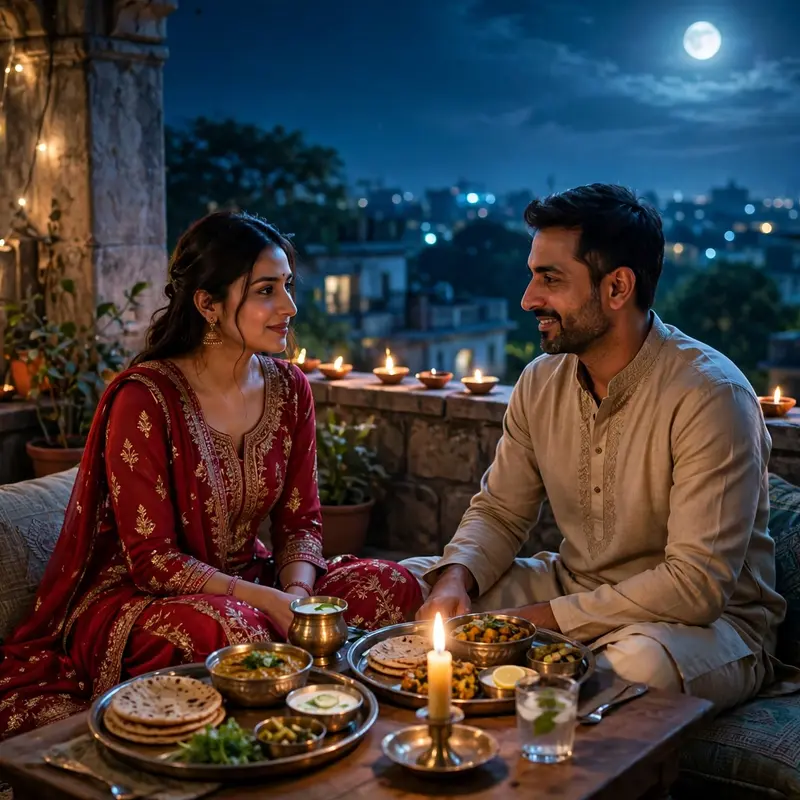 Create an ultra-realistic cinematic photograph of a young married couple enjoying dinner together on a moonlit rooftop terrace after breaking the fast