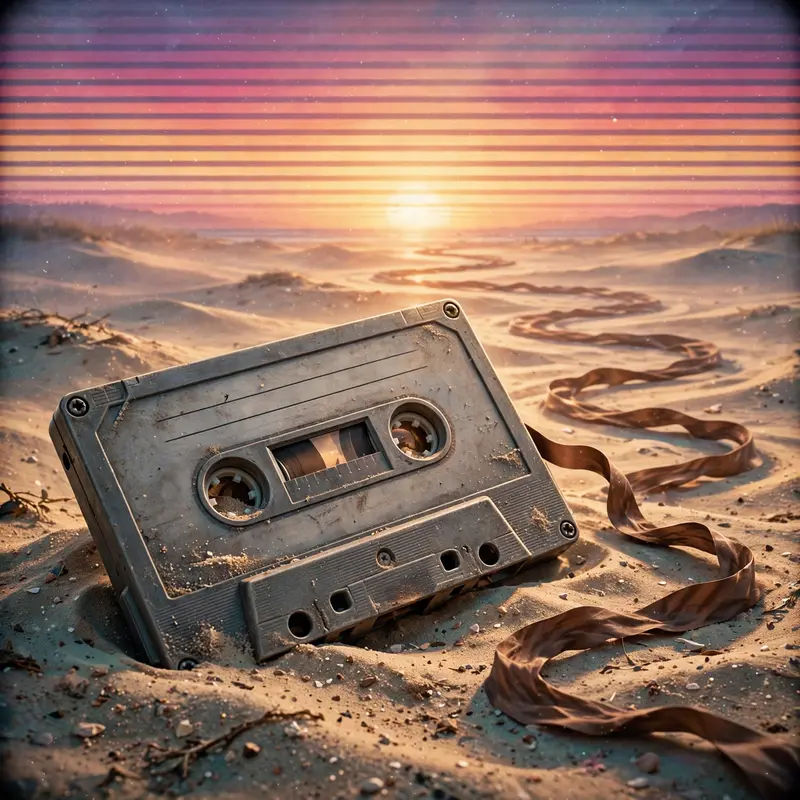 A giant cassette tape half-buried in beach sand, its ribbon flowing toward a striped sunset like a river, vaporwave illustration, VHS grain, wistful