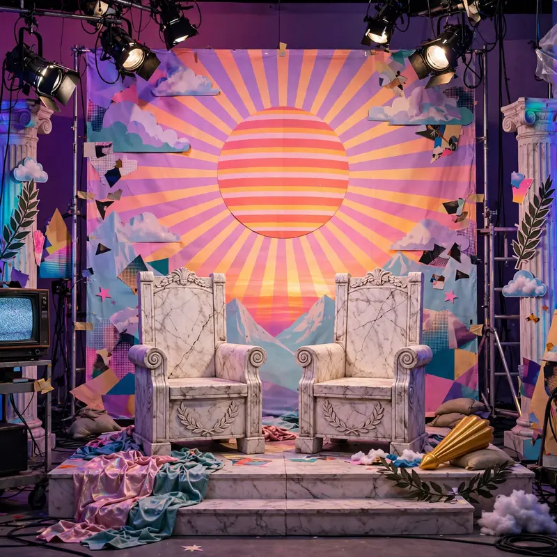 A retro TV studio set of Mount Olympus, marble thrones under studio lights, a striped sun as the backdrop, vaporwave collage, VHS grain, campy divine