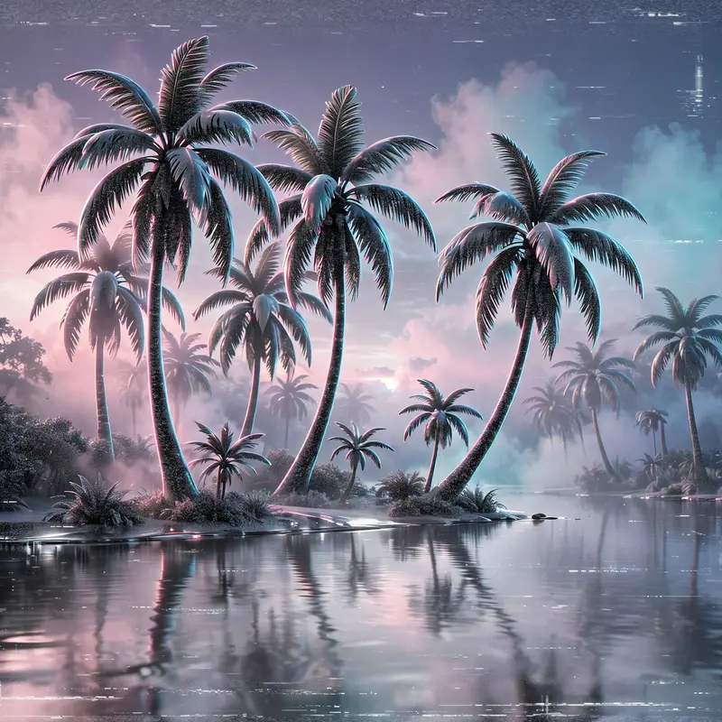 A grove of palm trees rendered in television static, swaying over a calm chrome lake at dusk, vaporwave digital art, VHS grain, tranquil electric