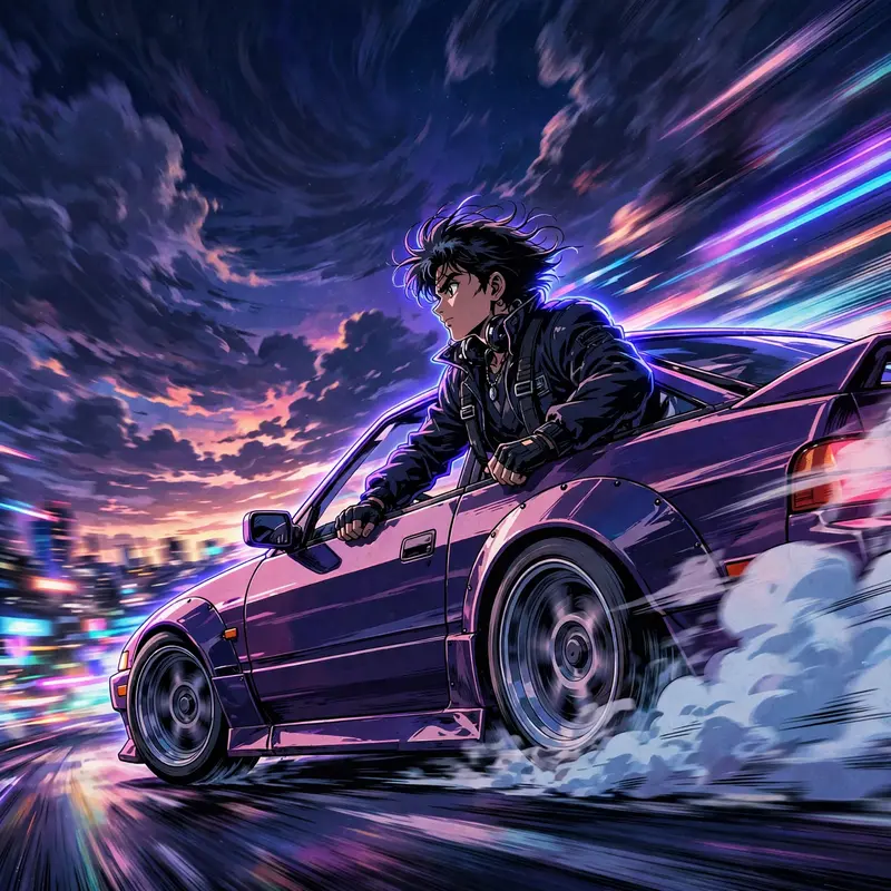 nostalgic cel-animation look illustration of a street racer leaning into a midnight drift, posed heroically against a dramatic sky. Cinematic rim