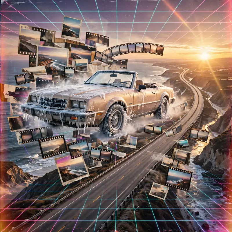 A convertible frozen mid-drive on an endless coastal highway, film frames and timestamps floating around it, vaporwave collage, VHS grain, eternal