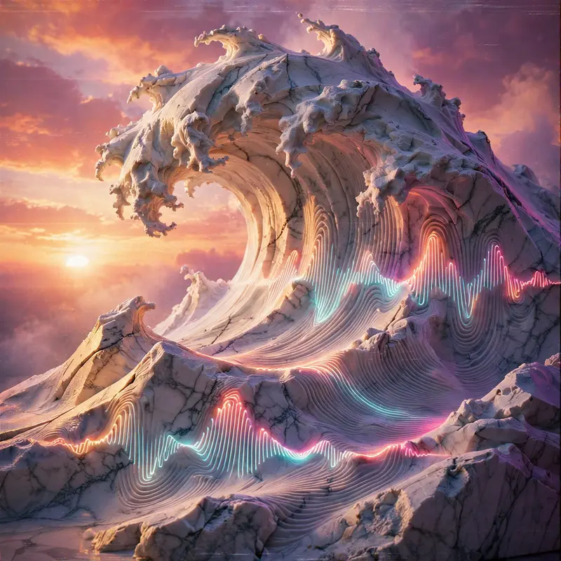 Ocean waves carved from white marble crashing under a neon sunset, sound-wave lines rippling through the stone, vaporwave sculpture render, VHS