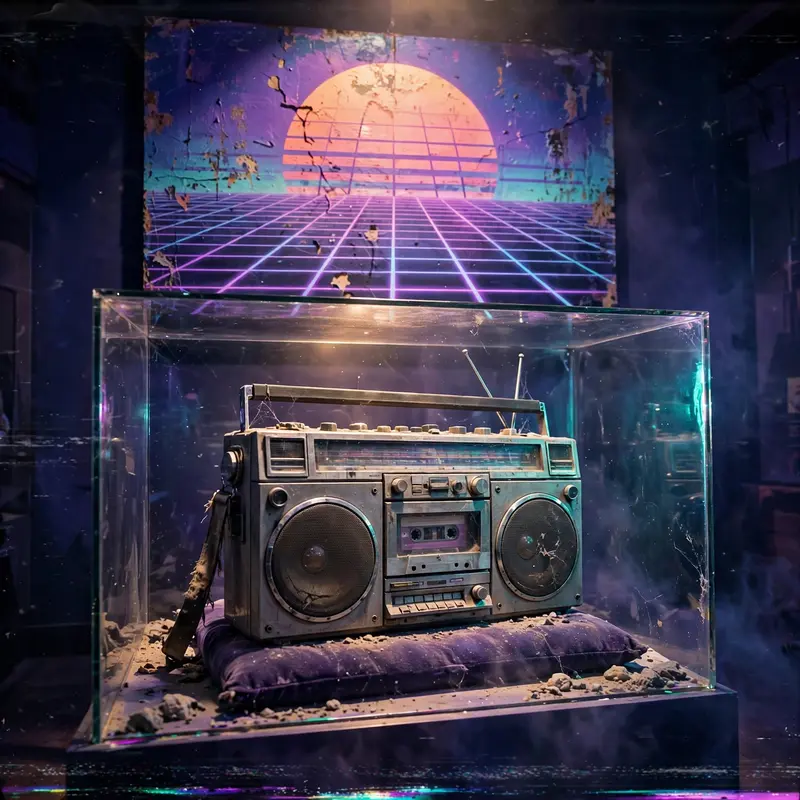 A dusty museum display of a 1980s boombox treated like an ancient artifact, spotlighted under a painted grid-sunset mural, vaporwave concept art, VHS