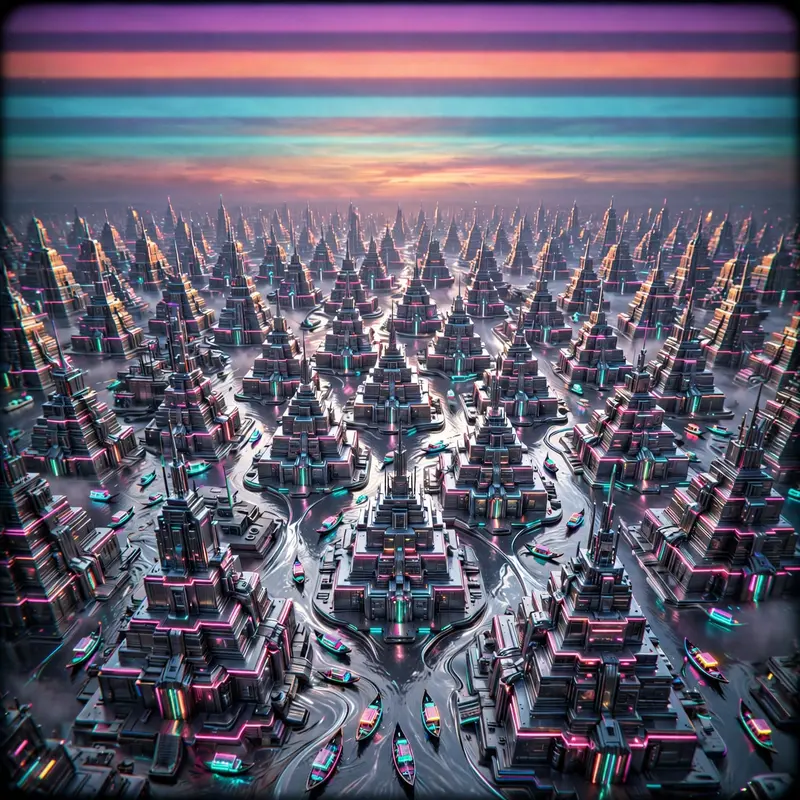 A vast empire of chrome ziggurats under a triple-striped sunset, tiny neon gondolas on mercury canals, vaporwave epic 3D, VHS grain, imperial