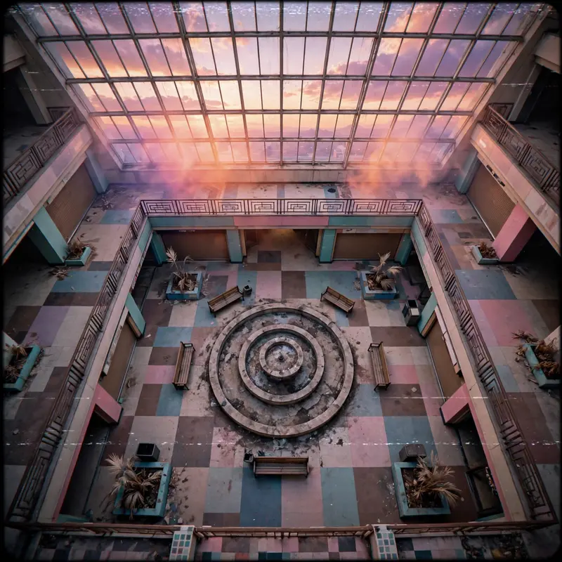 Overhead shot of a mall atrium frozen in 1987, skylight framing a pastel sunset, empty benches and a dry fountain, vaporwave photography, VHS grain