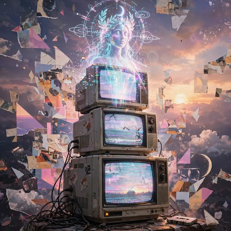 A holographic goddess broadcast from a stack of CRT monitors, signal breaking into pastel static, vaporwave collage, VHS grain, divine interference