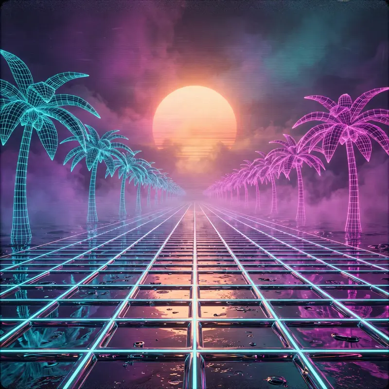 First-person view walking an infinite neon grid toward a sun that never sets, wireframe palms on either side, vaporwave immersive art, VHS grain
