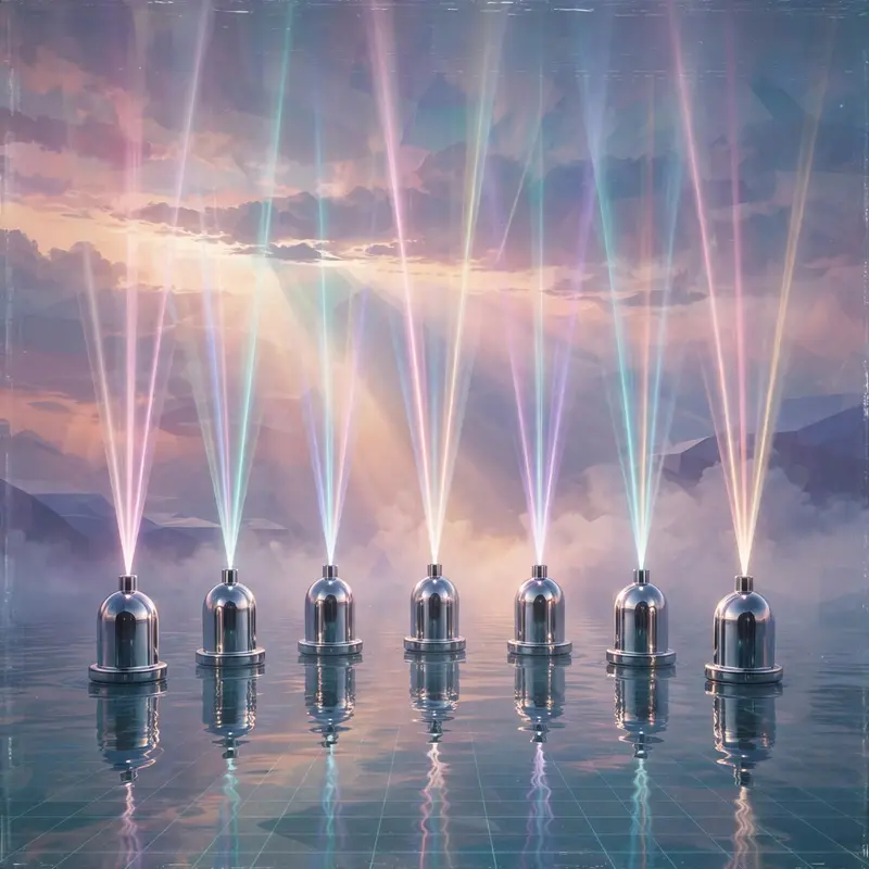 A choir of chrome buoys singing light beams over a synthetic ocean at dusk, vaporwave surrealism, VHS grain, hymnal artificial mood, pastel god rays