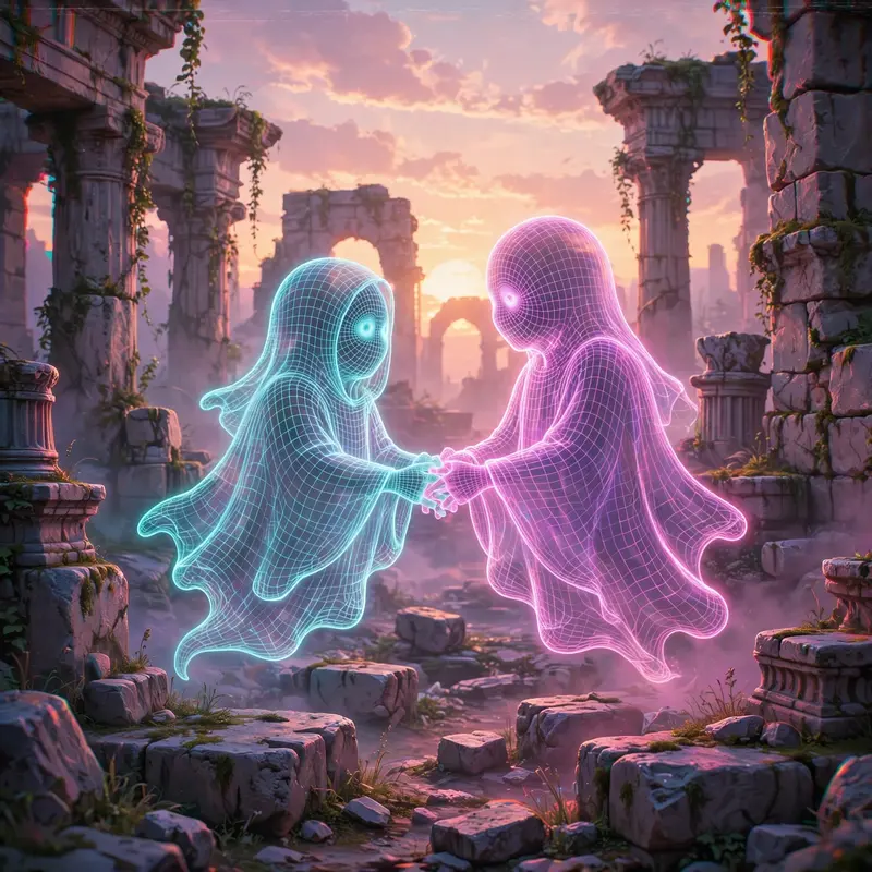 Two wireframe ghosts holding hands among pastel-lit ancient ruins at sunset, vaporwave romantic art, VHS grain, tender digital-afterlife mood, soft