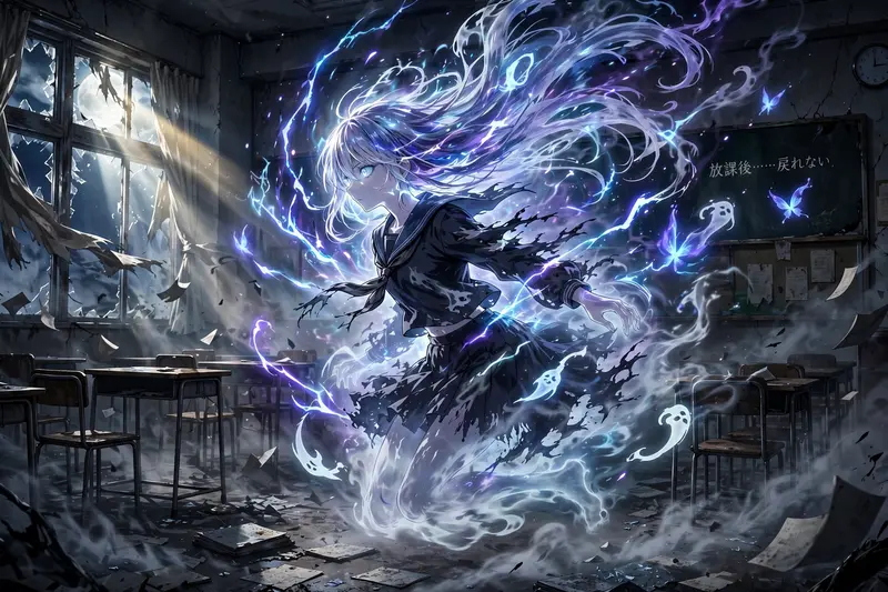 Epic anime splash art featuring a ghost girl drifting through an empty classroom in modern shonen anime style, energy crackling around the figure