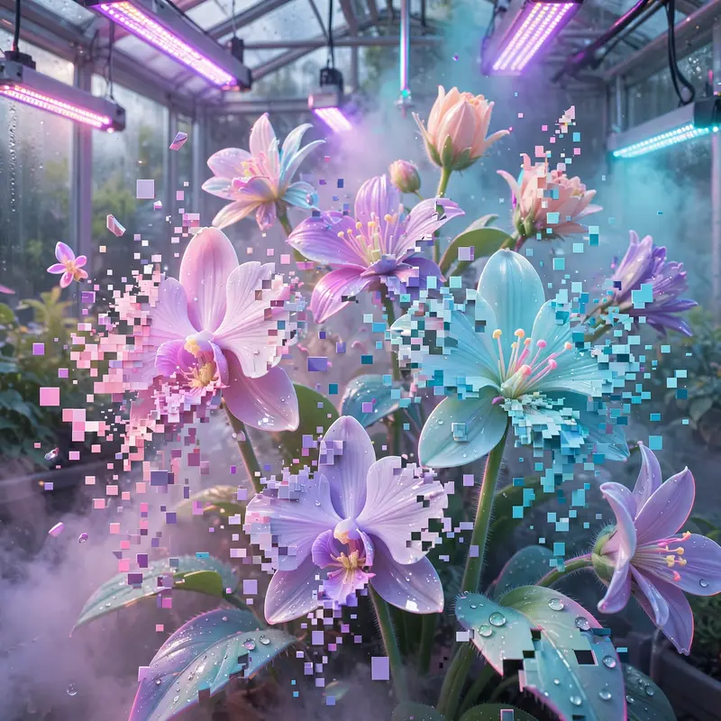 A greenhouse of glitching neon flowers, petals fragmenting into pixels under grow-lights, vaporwave botanical art, VHS grain, beautiful malfunction