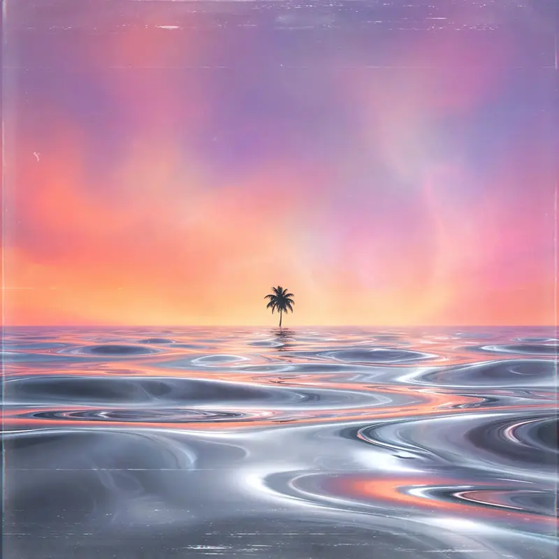 A perfectly straight horizon dividing a chrome sea from a gradient sky, a single palm silhouette at the seam, vaporwave minimalism, VHS grain