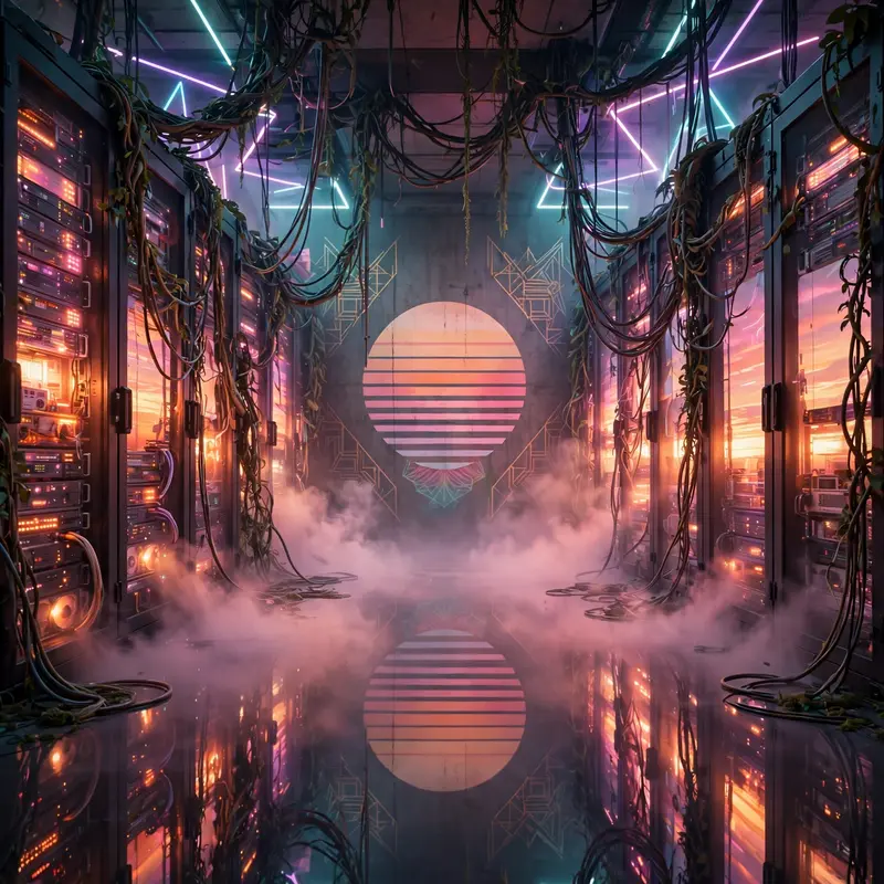 A data center where server racks glow like a sunset, cables draped like vines, a striped sun painted on the far wall, vaporwave interior art, VHS