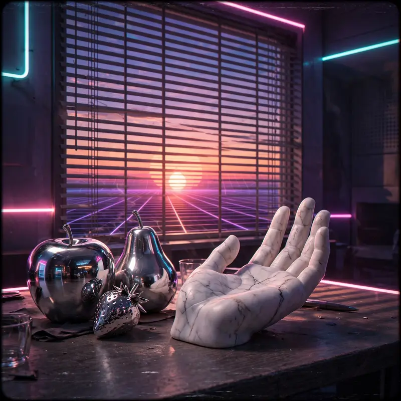 A still life of chrome fruit and a marble hand on a neon-lit desk, grid sunset through blinds, vaporwave still-life render, VHS grain, studious retro