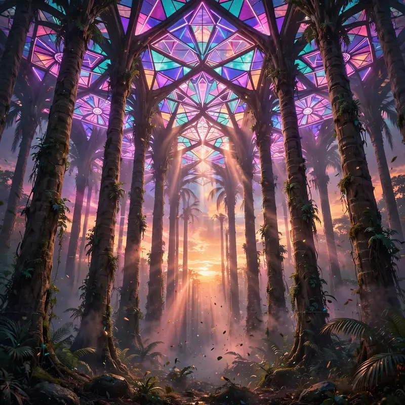 Palm trunks rising like cathedral columns, neon stained-glass canopy filtering a sunset, vaporwave sacred nature art, VHS grain, reverent tropical