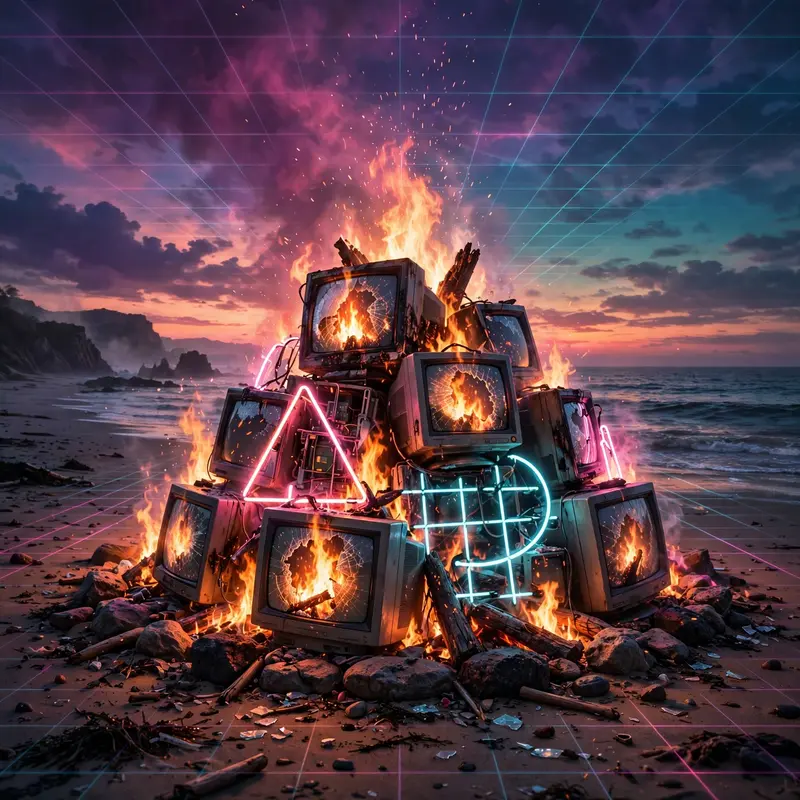 A ceremonial bonfire of CRT monitors and neon signs on a beach at dusk, sparks rising into a gradient sky, vaporwave dark art, VHS grain, cathartic