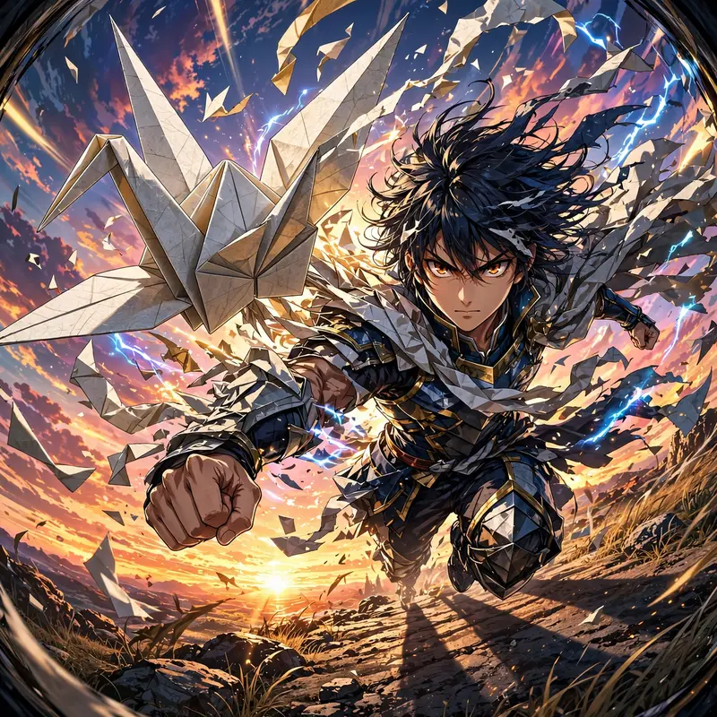 a paper crane folding into a living warrior captured in crisp digital anime style, hair and clothing whipping in the wind. Vivid sunset gradient