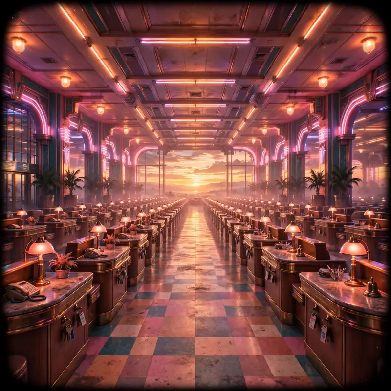 A hotel lobby that never ends, check-in desks stretching to a sunset horizon, vaporwave liminal 3D, VHS grain, endless arrival mood, soft fluorescent