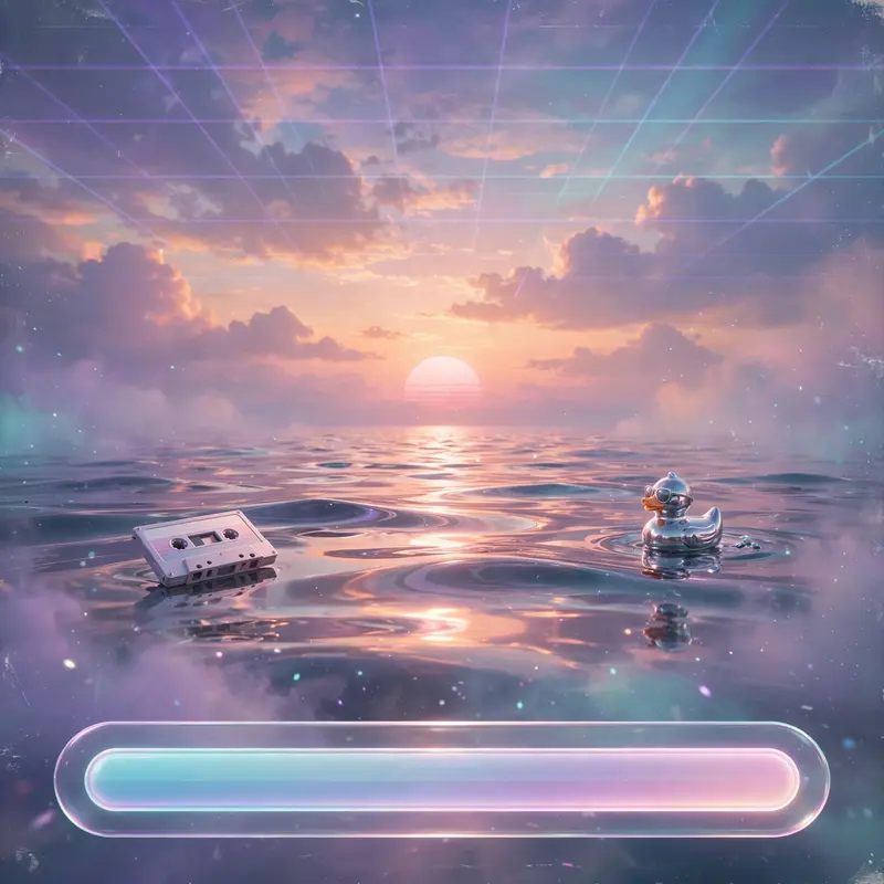 A loading screen that is a sunset over a chrome sea, progress bar stuck at 99 percent, vaporwave digital art, VHS grain, suspended nostalgia mood