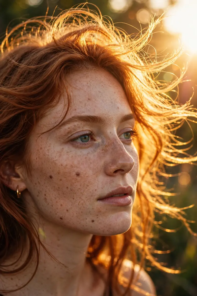 Close-up portrait of a young woman with sunlit freckles across her nose, wind lifting her auburn hair, golden hour backlight glowing through the