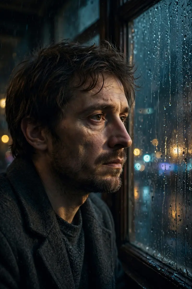 A pensive man in his thirties looking out a rain-streaked cafe window, droplets blurring the city lights behind him, portrait, natural skin texture
