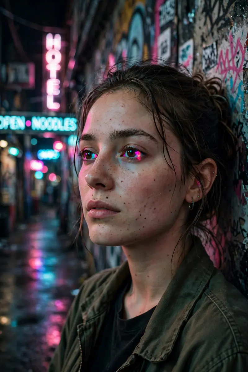 Portrait of a young woman leaning against a graffitied wall in a neon-lit alley, pink and cyan signs reflecting in her eyes, detailed skin with