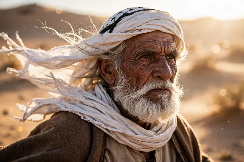 An elderly Bedouin man with deep wrinkles and a white beard, scarf whipping in desert wind, harsh sunlight sculpting every line of his face, National