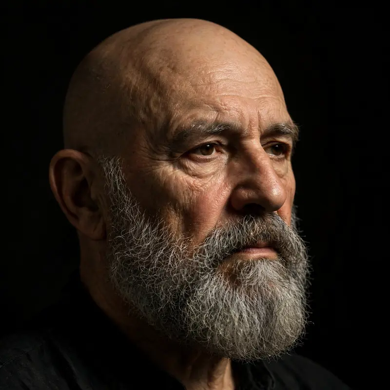 Classic studio portrait of a bald man with a gray beard, dramatic Rembrandt lighting carving his features from darkness, skin texture, black