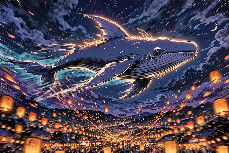 manga-inspired anime style with screentone accents illustration of a sky whale gliding above a lantern festival, posed heroically against a dramatic