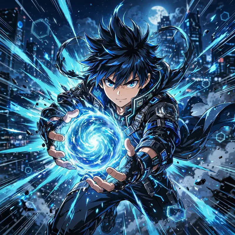 High-energy anime poster art of a battle-shonen hero charging a final attack, rendered in sleek cyber-anime hybrid style with explosive impact