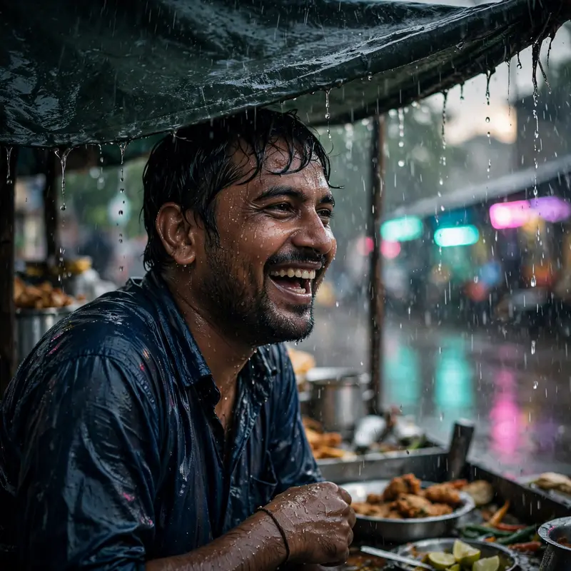 A soaked street food vendor laughing under a tarp in monsoon rain, water beading on his skin, documentary portrait, natural overcast light with neon