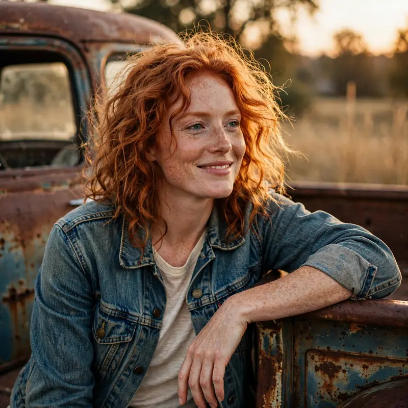A freckled redhead in a vintage denim jacket, leaning on a rusted pickup truck, late afternoon sun, Americana portrait, detailed skin and hair