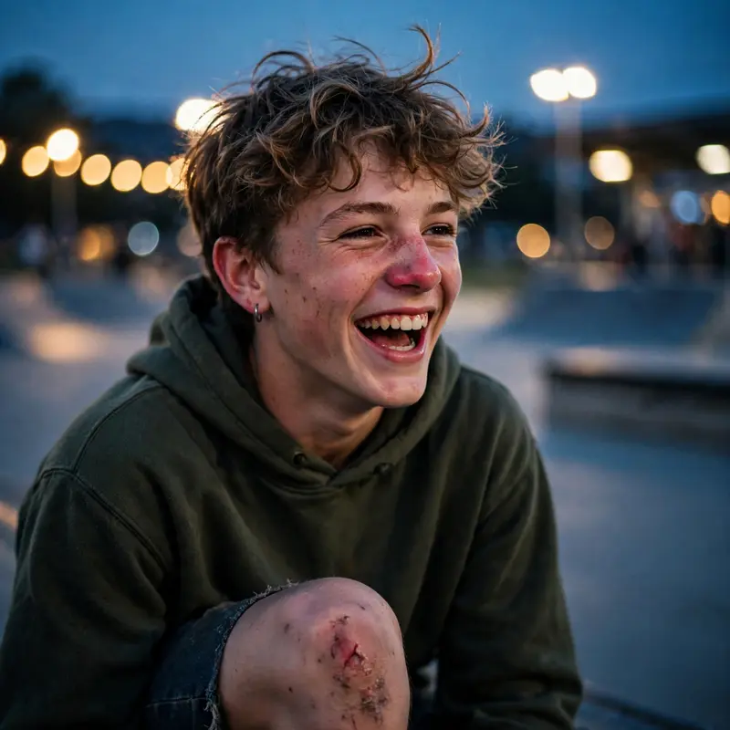 A teenage skater mid-laugh at dusk, scraped knees and sunburned nose, skate park lights buzzing on, youth portrait, real skin texture, energetic
