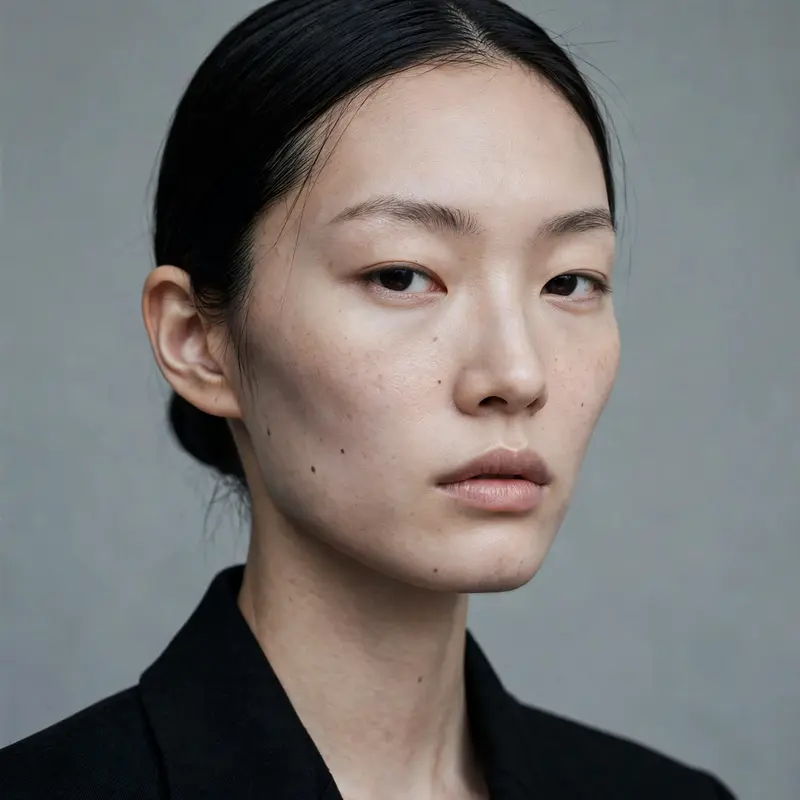 High-fashion editorial portrait of an East Asian model with porcelain skin, stark white studio light, minimalist gray backdrop, skin texture, 100mm
