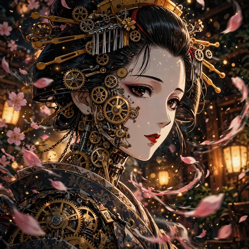 classic 90s anime OVA style anime scene: a clockwork geisha with gleaming brass gears, surrounded by swirling petals and drifting light particles
