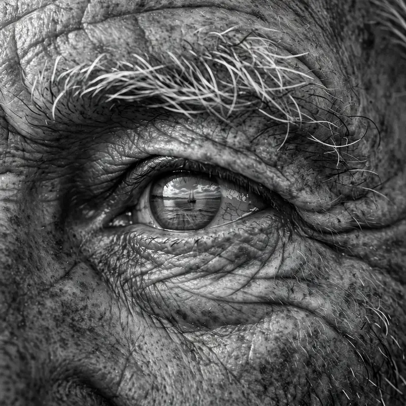 Extreme close-up of a ninety-year-old fisherman's eyes, salt-white eyebrows, sea reflected in his gaze, macro portrait, staggering skin detail, 100mm
