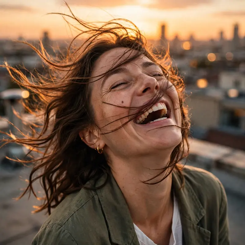 A woman laughing with her head thrown back on a windy rooftop, hair flying across her face, city sunset behind, joyful skin texture, shallow depth of