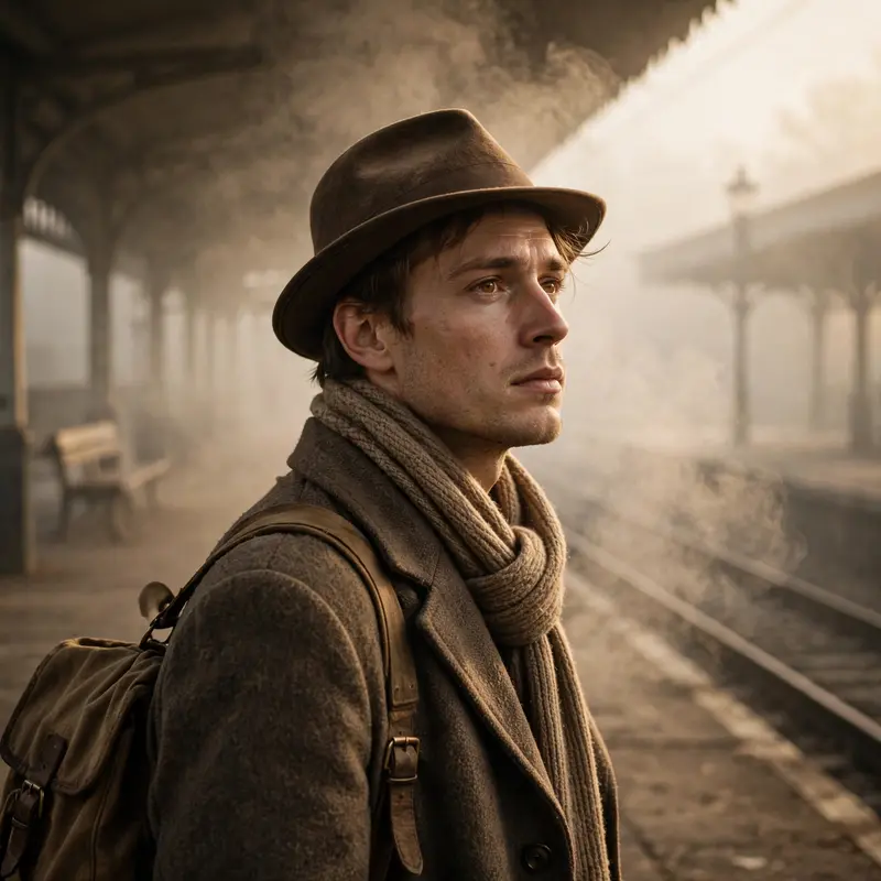 A solitary traveler waiting on an empty train platform, sepia-toned morning light through steam, vintage portrait, film grain, wistful departure