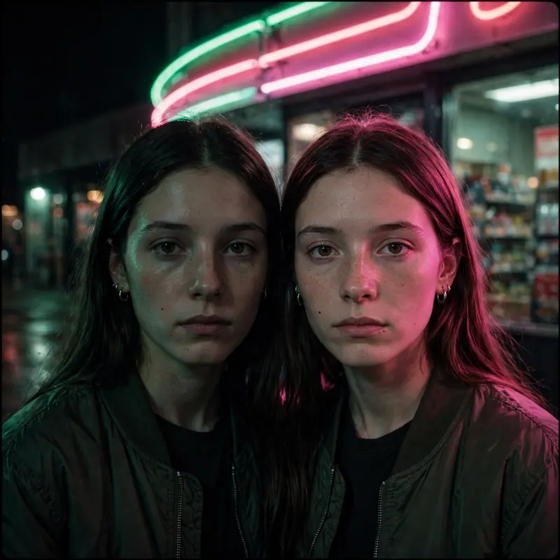 Portrait of identical twin sisters under a convenience store neon sign, one in shadow one in pink light, detailed skin, uncanny symmetry mood, night