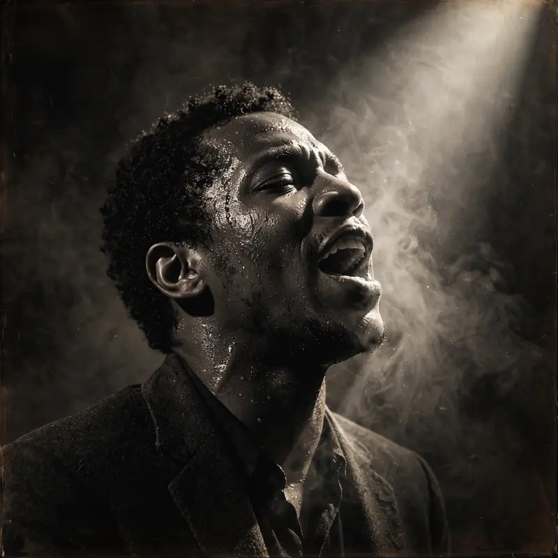 A jazz singer mid-note in a smoky club, single spotlight carving his face from darkness, sweat glistening, rich skin detail, soulful intensity mood