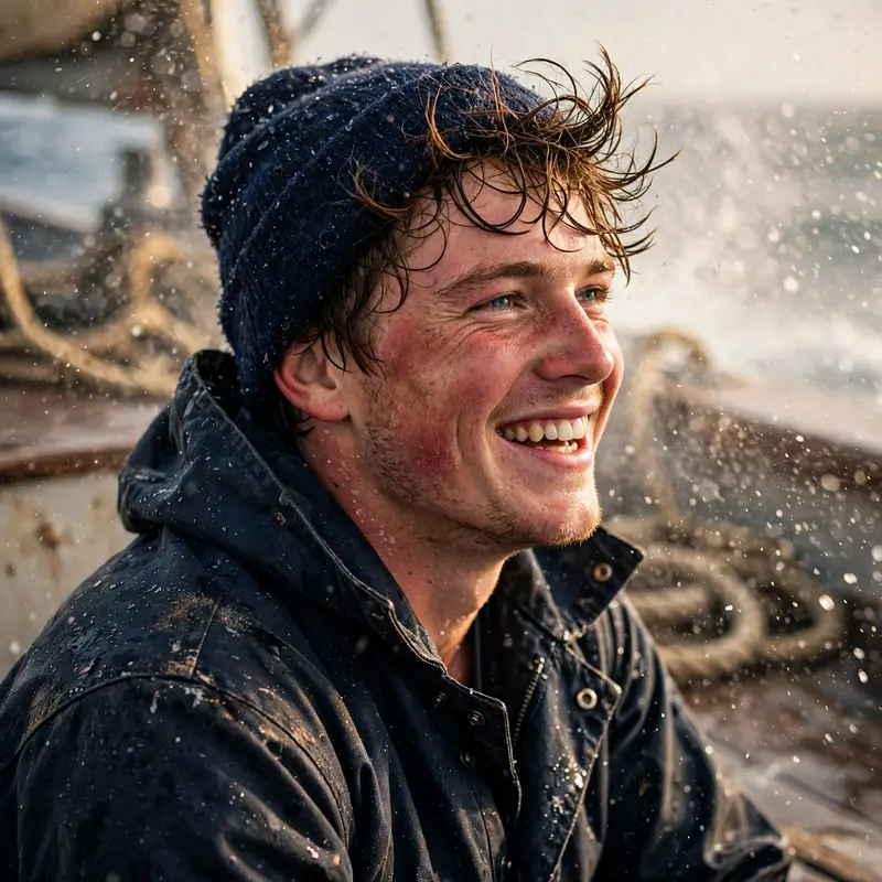 A young sailor on deck, sea spray in the air, sun and wind reddening his cheeks, maritime portrait, textured skin, rugged joy mood, natural ocean