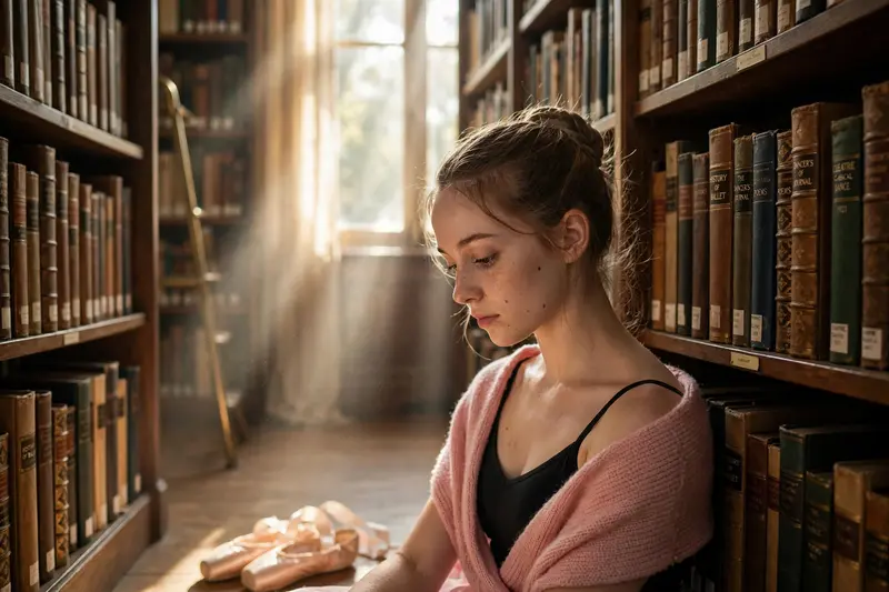 A ballerina resting between shelves in a sunbeam-filled library, dust motes swirling around her focused face, delicate skin detail, quiet discipline