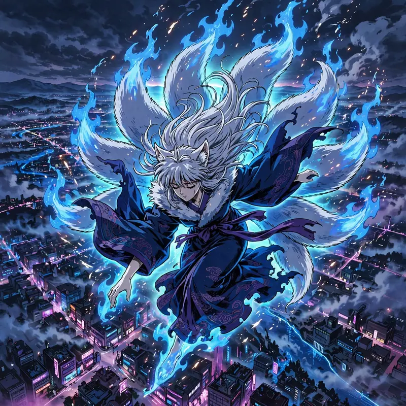 Cinematic anime still of a nine-tailed kitsune spirit wreathed in blue flame in retro 80s anime aesthetic, caught at the peak of motion. Dramatic