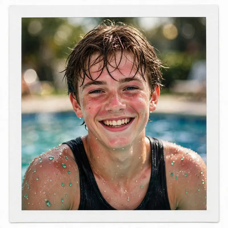 A sunburned teenager with chlorine-green pool water beading on his shoulders, grinning at camera, summer portrait, instant-film white border